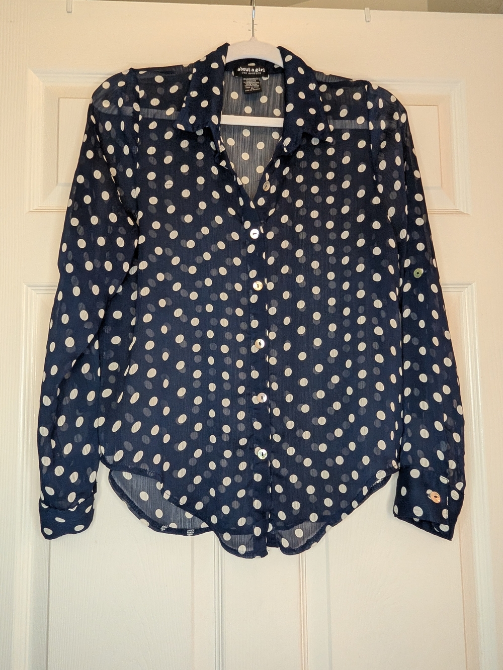 About A Girl Navy Blue Polka Dot Sheer Button Down M